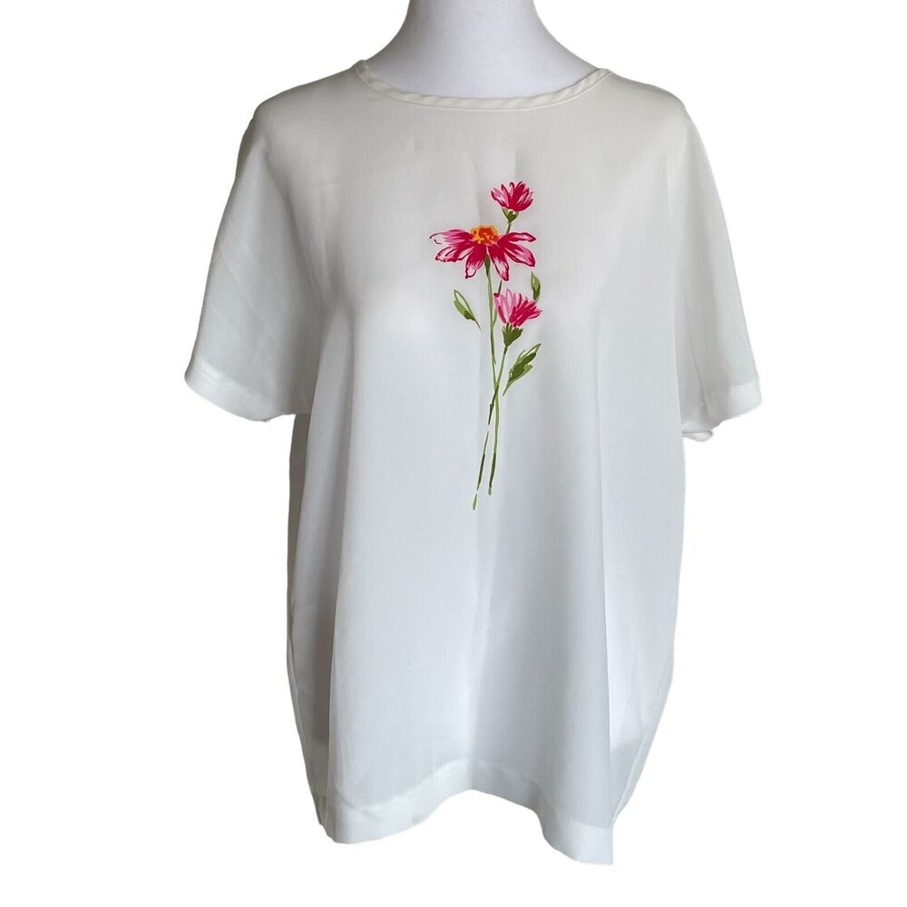 Vintage Silver Threads White Pink Floral Blouse Boxy Fit Shirt Womens Size Large